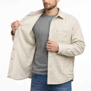 Barbour Men’s Flannel Shirt Jacket Shacket Fleece Lined Plaid Print XL Cream